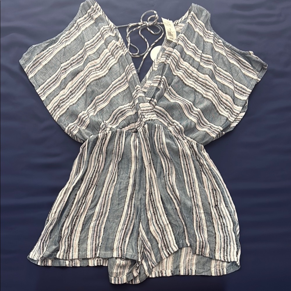 Striped Blue and White off the shoulder Romper